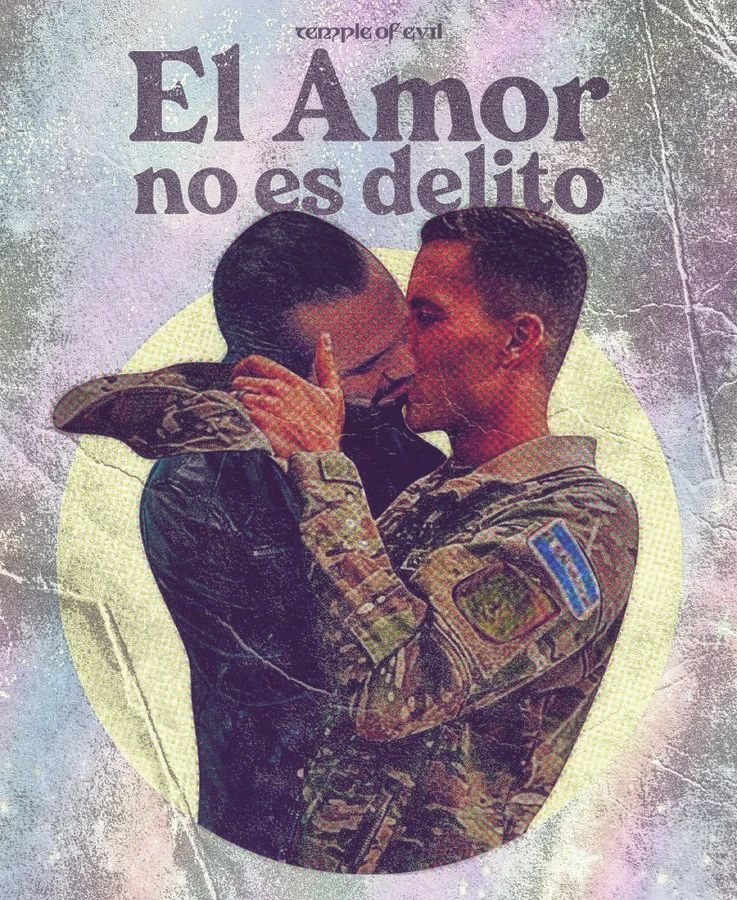 Imagen del presidente Bukele besando a un soldado con el texto El amor no es delito al fondo